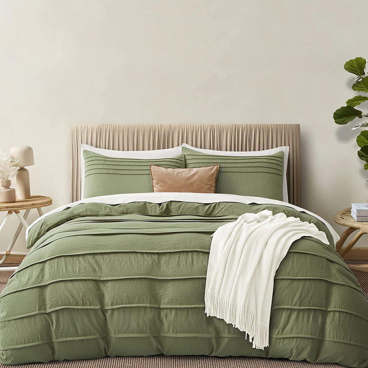 Meshah Solid Color Pleated Duvet Cover Set Rustic Vintage Microfiber Comforter Cover Set
